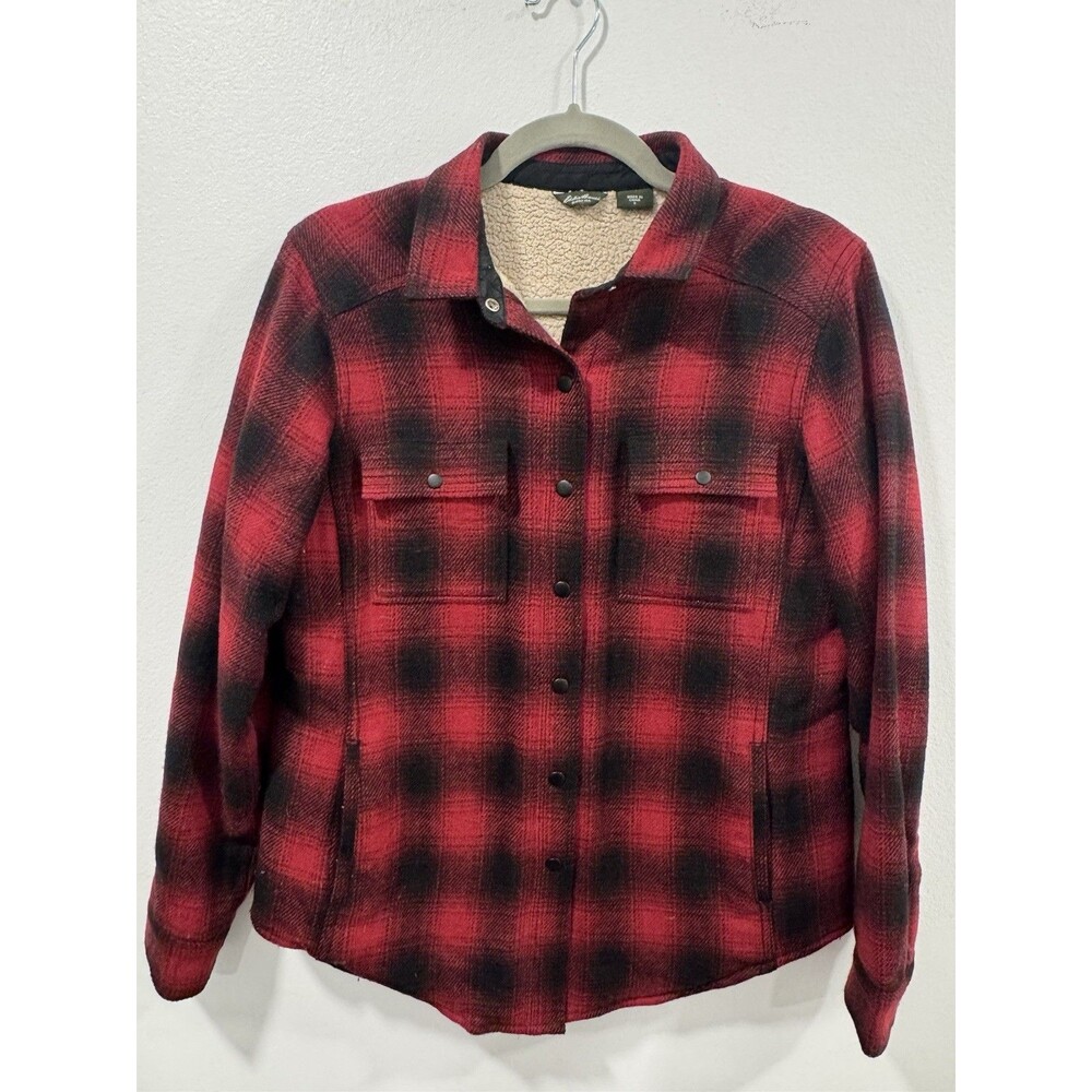 Eddie Bauer Women Small Green Plaid Sherpa Lined Flannel Shirt Jacket